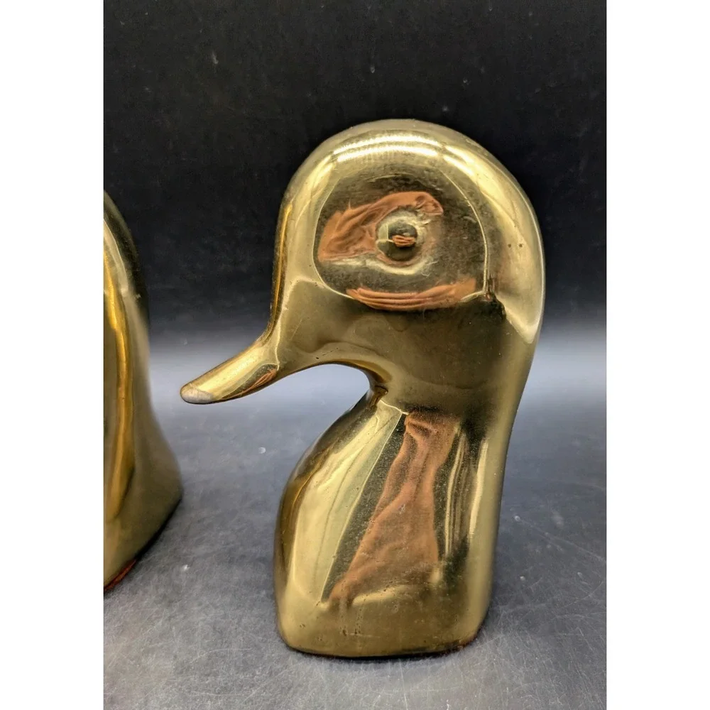 Vintage Solid Brass Duck Head Bookends Set Polished Gold Tone Mid Century Decor